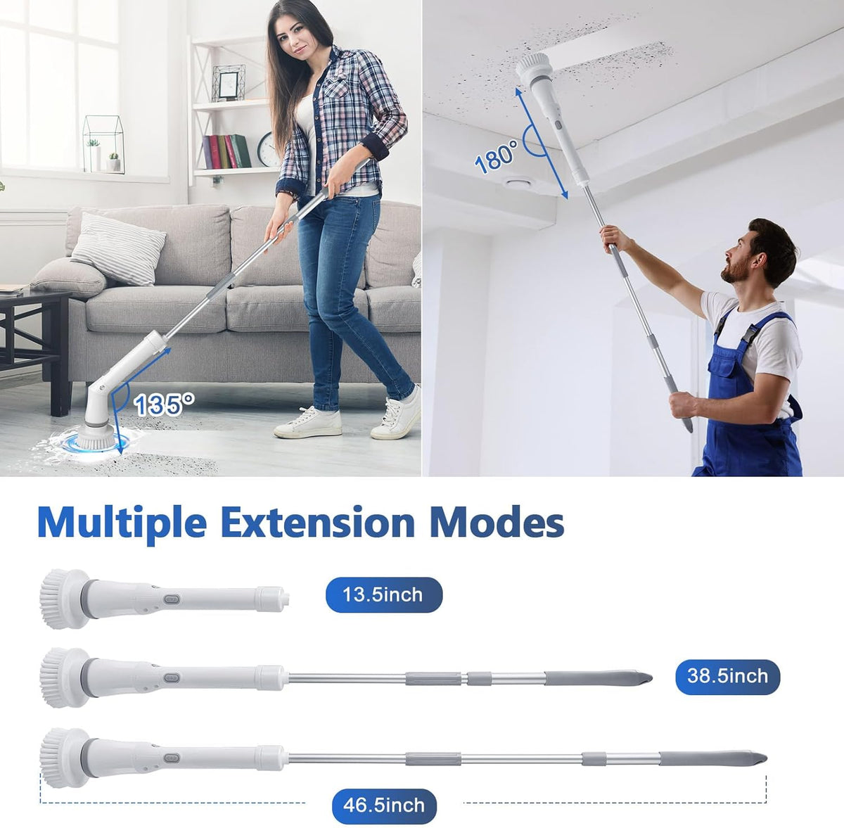 Qimedo Upgrade Rechargeable Electric Scrubber for Cleaning, 45-inch Handheld Spin Scrubber with Extended Long Handle, Cordless Power Dish Scrubber with 6 Brushes for Bathtub Grout Tile Floor