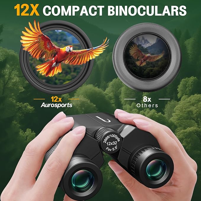 12x32 Compact Binoculars for Adults Kids - Aurosports Small Binoculars for Birdwatching - High Power Easy Focus Lightweight Binocular for Traveling Hunting Cruise Ship Hiking