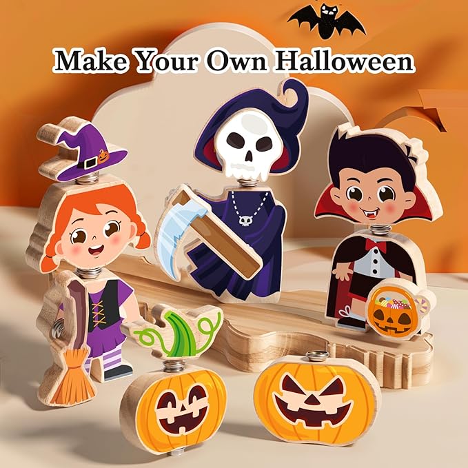 HUZU Halloween Snap Together Dress Up Building Blocks Toys, Witch Vampire Skeleton Pumpkin Take Apart Characters, 3 4 5 6 7 8 Years Old Kids Wooden Puzzle, STEM Fine Motor Skill Halloween Party Gift