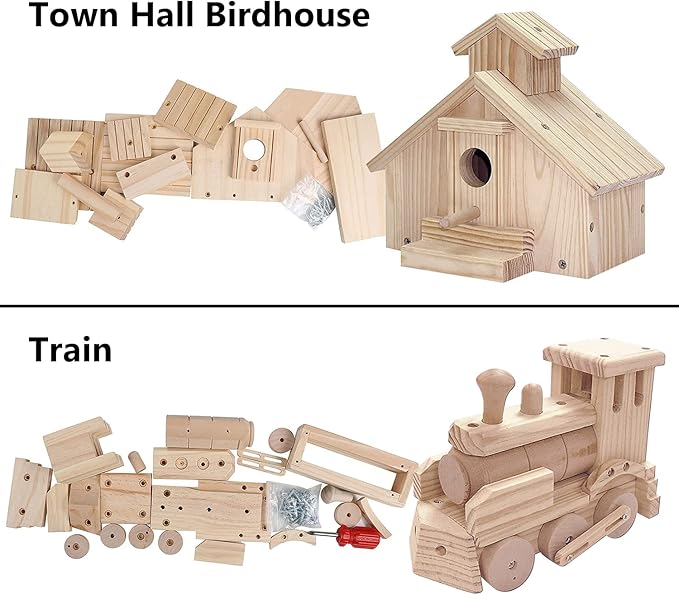 Kraftic Woodworking Building Kit for Kids and Adults, 2 Educational DIY Carpentry Construction Wood Model Kit Toy Projects for Boys and Girls - Build a Wooden Town Hall Birdhouse and Train