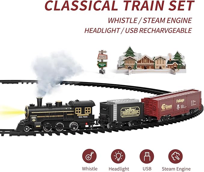 TEMI Steam Train Toy Set for Boys 3 4 5 6 7 Years, with Sounds & Light, Electric Classical Engine Locomotive for Kids, Rechargeable Model Train Kit for Christmas Tree, Cargo Car Railway Tracks