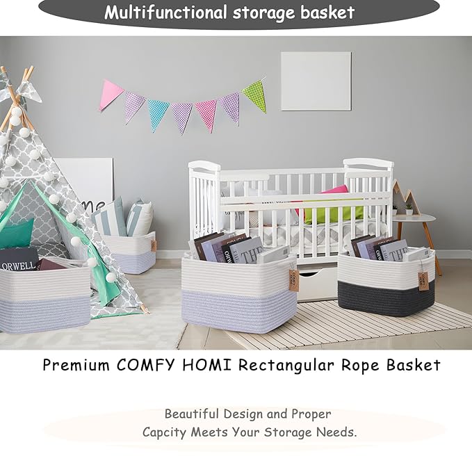 COMFY-HOMI 3PACK Cotton Rope Square Baske with Handles for Shelves|Dog Toy Baske Bin and Storage|Baby Baske for Gift|Shoe Baske for Organizing|13.5" x 11" x 9.5" for Living Room（White/Blue）
