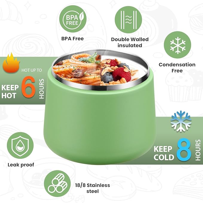 Soup Thermo for Hot Food Kids 14oz Lunch Containers with Buckle Lid Wide Mouth Hot Food Jar Vacuum Insulated Stainless Steel Bento Box Leakproof with Spoon(Green)