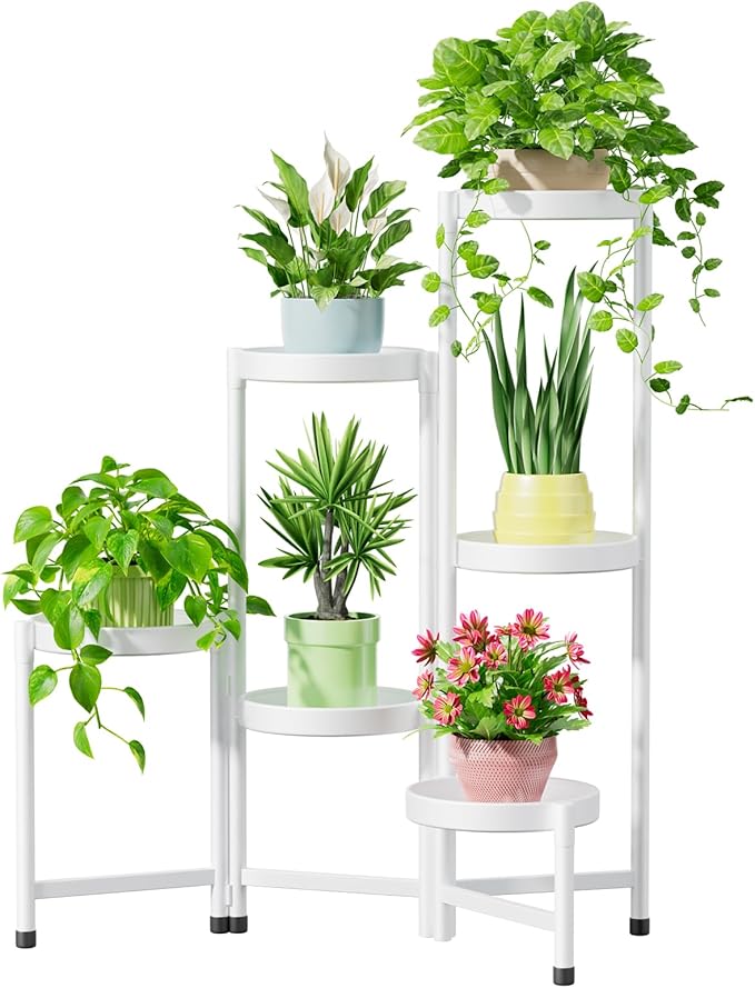 iDavosic.ly Plant Stand Indoor Outdoor, 6 Tier Corner Metal Flower Display Holder Shelf, Folding Tall Orchid Rack for Patio Balcony Porch Garden Living Room House, White