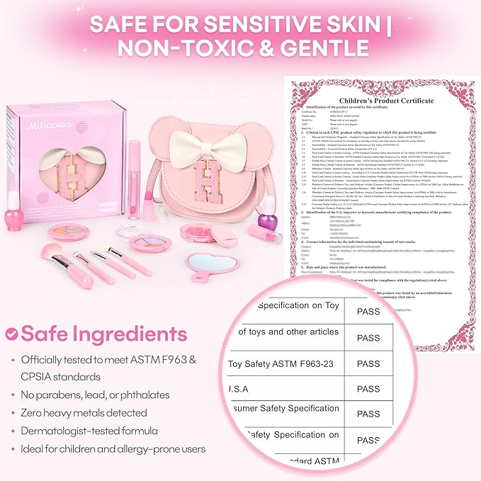 Kids Makeup Kit for Girls - 15 Pcs Real Washable Make Up Set - Non Toxic Toddlers Cosmetic with Letter Mouse Ear Purse - Dress up Birthday Gifts for 3 4 5 6 7 8 Years Old Girls - H