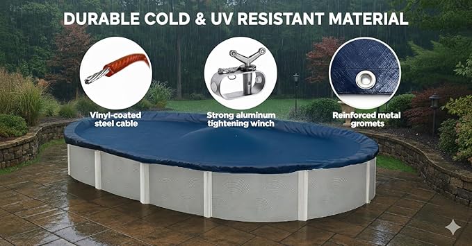Premium Winter Pool Cover for Above Ground Oval Pool, 10' x 15' Ft., Aboveground Pools Winter Cover, Includes W & Cable, Strength & Durability, UV Protection, Solid Blue