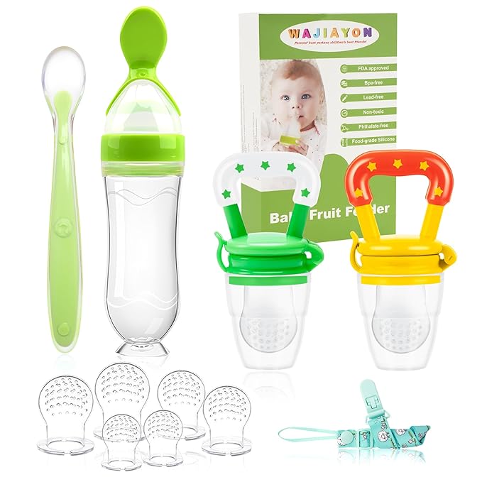 WAJIAYON Baby Fruit Feeder Pacifier - 5 Pack | 2 Infant Food Feeder Pacifier & 1 Baby Food Dispensing Spoon | Fresh Fruit Teethers for Babies | Shower Gifts for Boys and Girls (Green&Yellow)