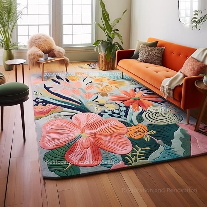 Handmade Wool Floral Area Rug for Living Room | Elegant Flower Garden Design, Soft, Thick and Durable | Bedroom, Dining Room & Home Decor Carpet (6' Round, Floral D)