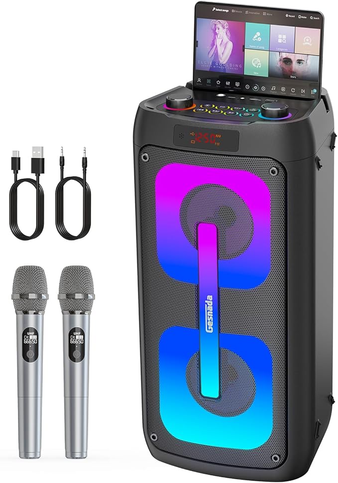 Karaoke Machine for Adults, Portable Bluetooth Speaker with 2 Wireless Microphones, Portable PA System with Disco Lights for Big Party, Outdoor, Ideal Gifts for Family, Music Lover