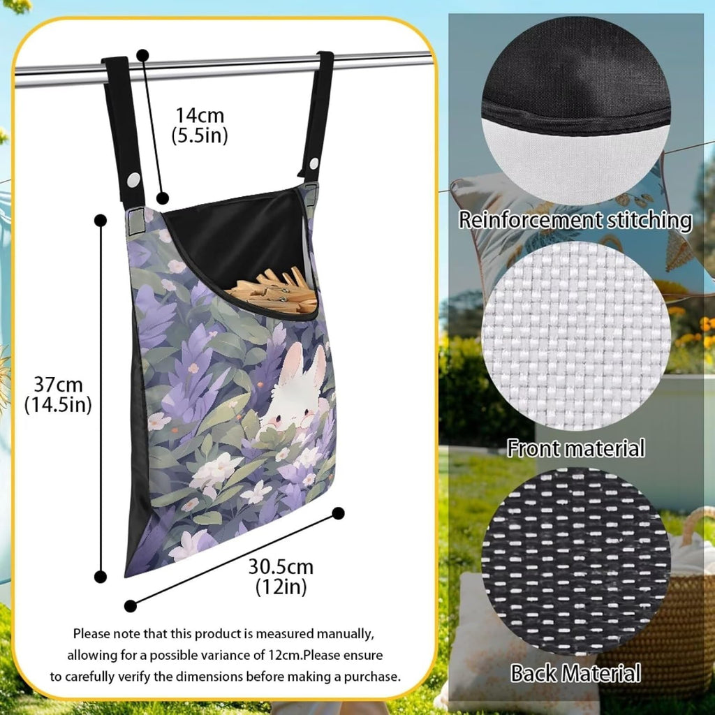 Clothespin Bag for Clothes Pin Holder for Outside and Clothes Line Pins, Clothes Pin Hanging Bag Fits Outdoor Laundry Clothesline - Rabbit and Floral