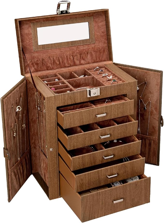 6 Tier Jewelry Box, Jewelry Case with 5 Drawers, Large Storage Capacity, with Mirror, Lockable, Jewelry Storage Organizer, Gift for Loved Ones