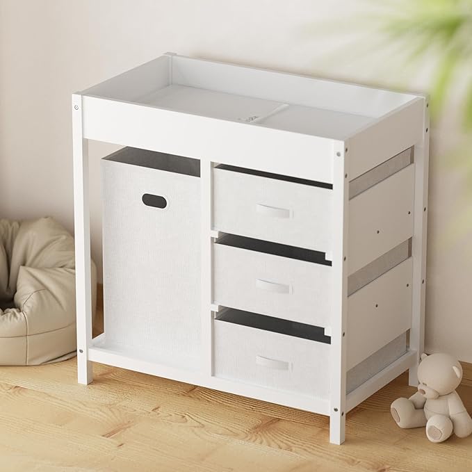 YUFU Baby Changing Table, Diaper Changing Table with Laundry Hamper, 3 Storage Drawers and Pad, Wooden Infant Diaper Changing Station, White