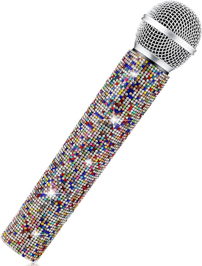 Sanwuta Fake Microphone Prop Sparkly Bling Rhinestones Plastic Play Microphone Pretend Glitter Bedazzled Mic for Cosplay Party Costume(Colorful)