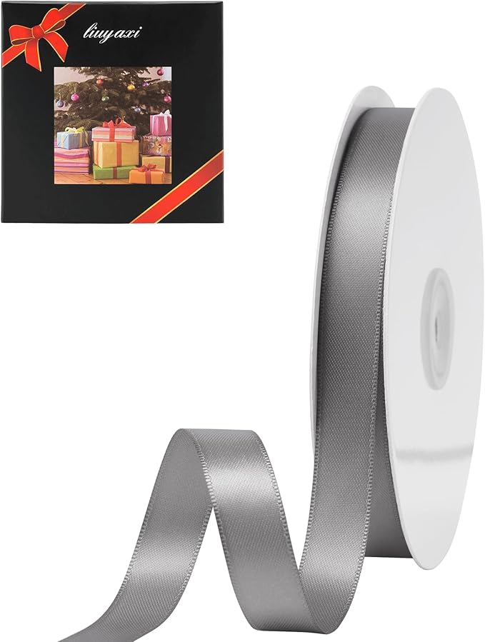 LIUYAXI Silver Satin Ribbon, Double Faced 5/8" X Continuous 25 Yards Ribbons Perfect for Gift Wrapping Bows Bouquet Wedding Craft and More