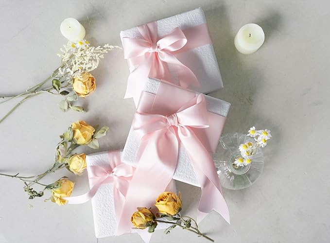 Light Pink Satin Ribbon 2.5 Inch Double-Faced Valentines Day Ribbons for Flower Bouquet Gift Wrapping Party Decor Wedding Invitation DIY Craft, 25 Yards