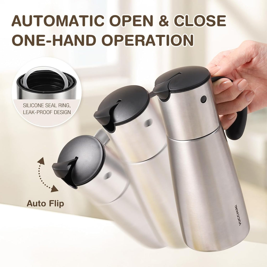 Vucchini Oil Dispenser Bottle Stainless Steel-Auto Flip Kitchen Oil and Vinegar Dispenser Set With Automatic Cap and Stopper - 12.8 oz Non-drip Spout Cruet Bottle