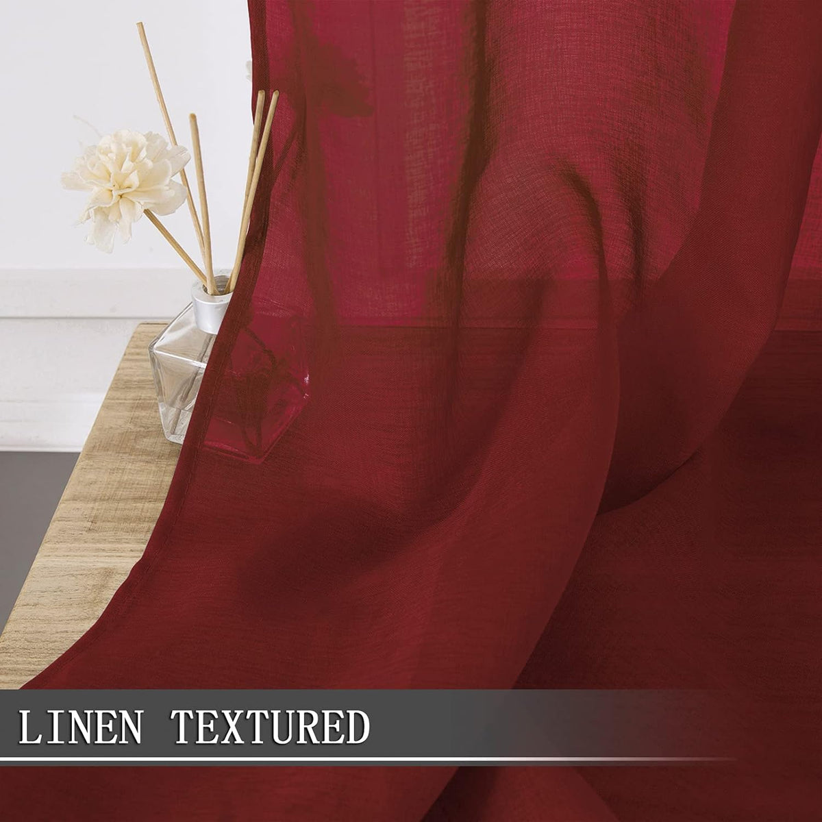 Tollpiz Sheer Curtain Linen Textured Living Room Curtains Sheer Light Filtering Rod Pocket Voile Curtain for Bedroom, 54 x 72 inches Long, Burgundy Red, Set of 2 Panels