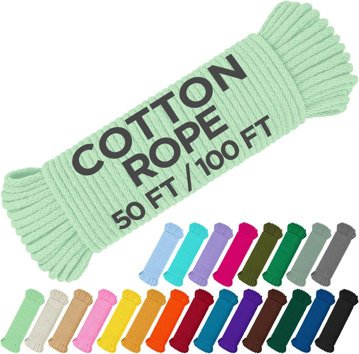 TECEUM Cotton Rope 3/16” (5 mm) – 50 FT – Strong All-Purpose Braided Rope – Natural Cotton – for Crafting, Сamping, Clothes Line, DIY, Indoor & Outdoor Use – Mint