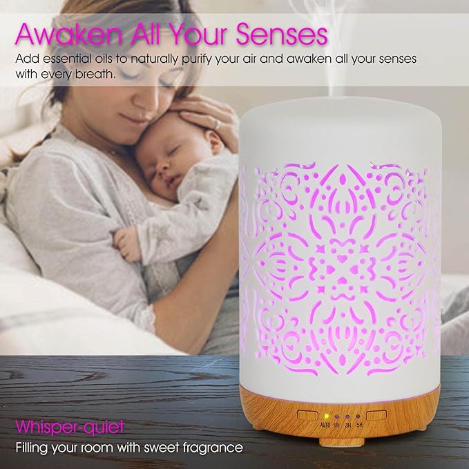Earnest Living Essential Oil Diffuser White Ceramic Diffuser 250 ml Timers Night Lights and Auto Off Function Home Office Humidifier Aromatherapy Diffusers for Essential Oils
