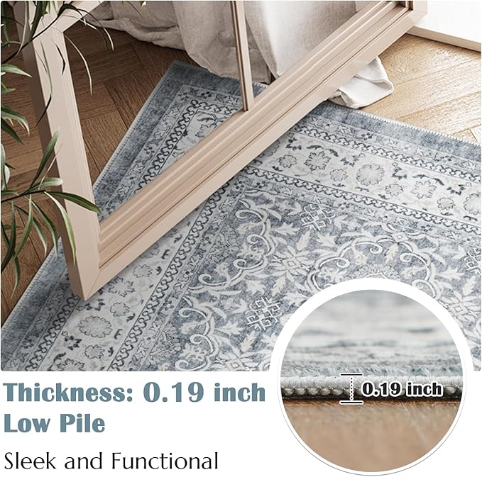 jinchan Floral 2x3 Rugs for Entryway - Machine Washable Grey Vintage Distressed Boho Design Soft Faux Wool Small Non-Slip Doormat for Entrance Kitchen Living Room Bedroom Farmhouse (2‘x3',Grey)