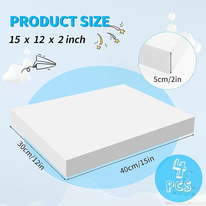 LuckyFoam White 4 Pack 15x12x2 inch Foam Sheets 2 Inch Thick Polystyrene Rectangles XPS Foam Board Craft for Insulating DIY Modeling Art Supplies