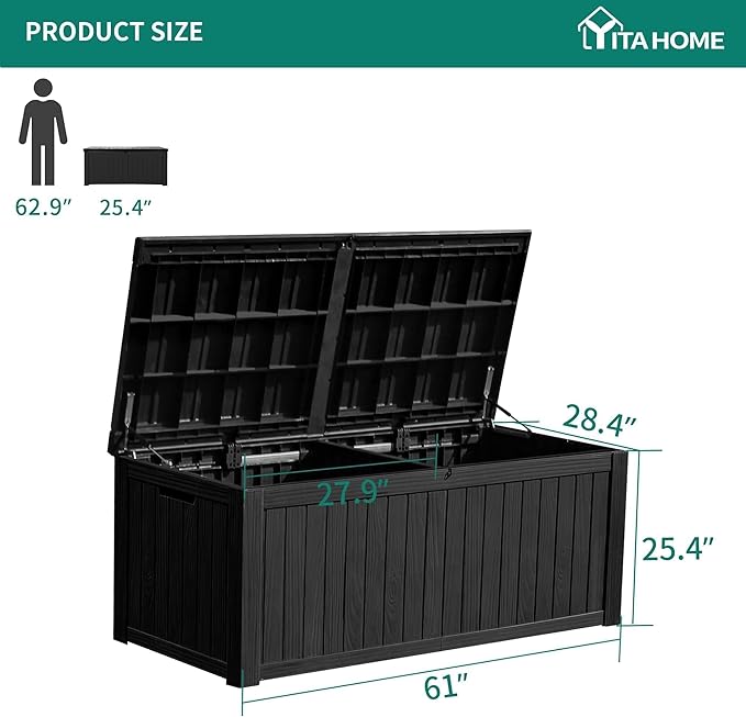 YITAHOME 150 Gallon Large Outdoor Storage XL Deck Box w/Divider for Patio Furniture,Outdoor Cushions, Garden Tools, Sports Equipment and Pool Supplies, Waterproof, Resin, Lockable, Black