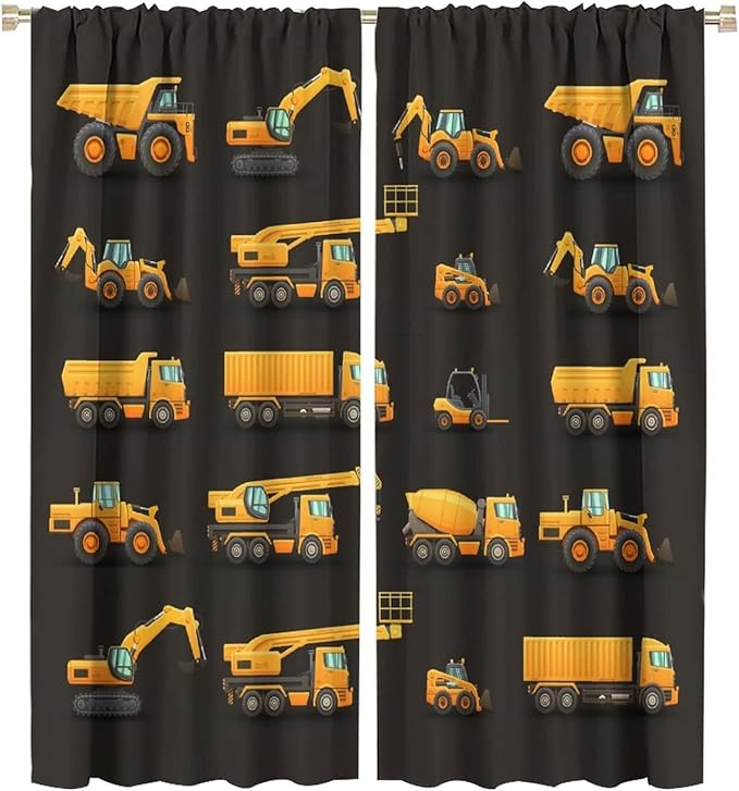 Kids Construction Window Curtains, Construction Machinery Equipment Mode of Transport Bulldozer Tractor Windows Curtain for Children Teens Room Decor 42x54in (30% Blackout)
