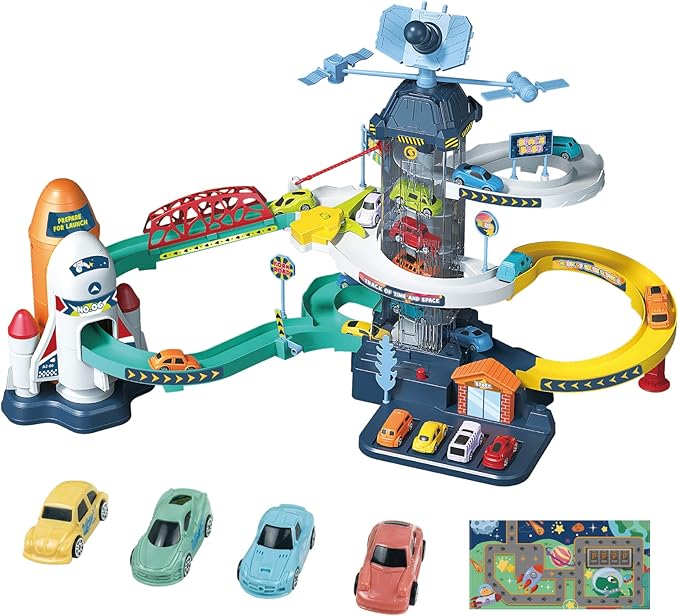 RedCrab Car Race Track Elevator for Boys, Kids Space Car Ramp Climbing Hills Parking Adventure Playset,Satellite Cars Garage Track with Electric Elevator Toy for Children