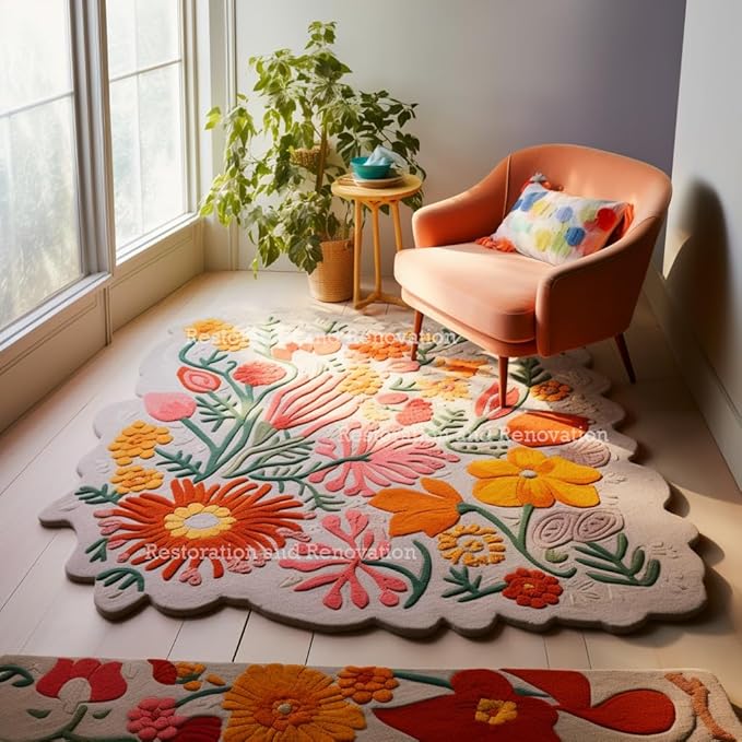 Handmade Wool Floral Area Rug for Living Room | Elegant Flower Garden Design, Soft, Thick and Durable | Bedroom, Dining Room & Home Decor Carpet (5' Round, Floral C)