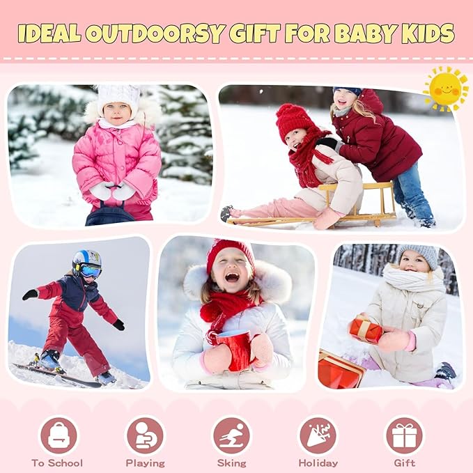 Winter Mittens Gloves Beanie Hat Set for Kids Baby Toddler Children, Thick Warm Knit Fleece Lined Thermal Set for Boys Girls