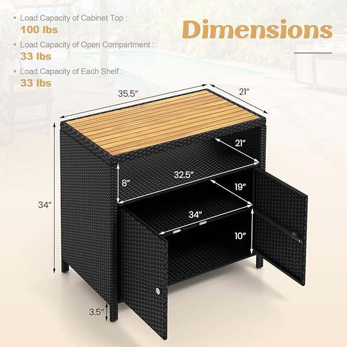 Tangkula Rattan Outdoor Storage Cabinet, Patiojoy Outdoor Cabinet with Acacia Wood Countertop, Open Compartment, 2-Door Wicker Sideboard, Outdoor Bar for Patio Garden Backyard Poolside (Black)