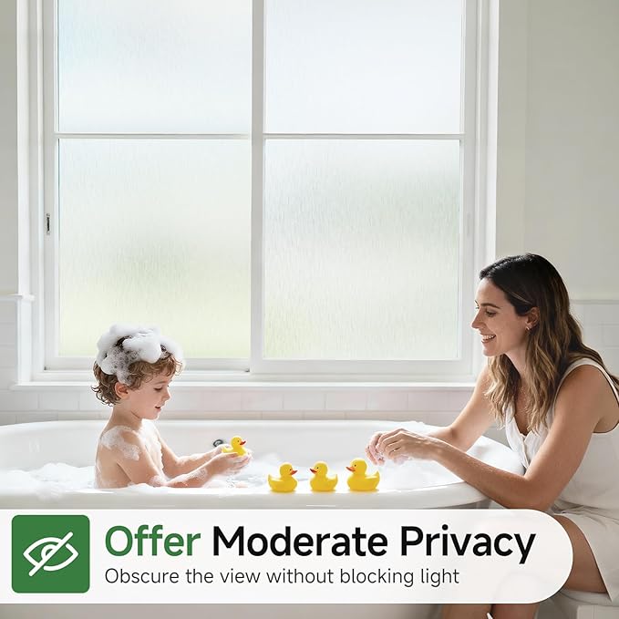 Borsky Frosted Glass Window Film - Static Cling, 96% UV Blocking Non-Adhesive Privacy Window Film, Removable Window Cling with Day & Night Privacy for Bathroom Home Office, 17.5 x 157.4 Inches, Pure