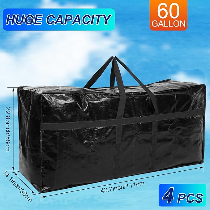 4 Pcs 60 Gallon Large Moving Bags with Zipper and Handles Foldable Storage Duffle Bags Heavy Duty Extra Large Totes for College Dorm Travel Clothes Blankets Bedding Moving (Black)