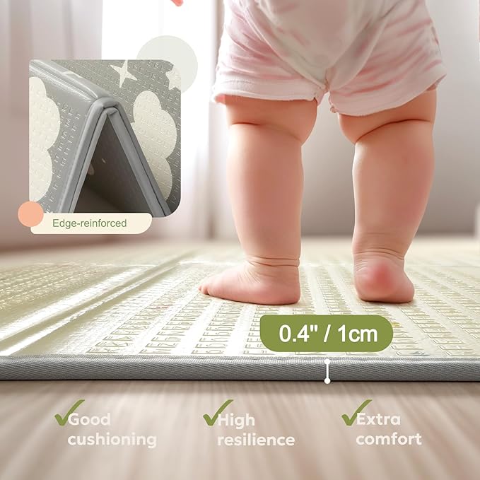 Extra Large Foldable Play Mat, Reversible Baby Play Mat with Edge Reinforcement, Non-Toxic & Waterproof Baby Mat for Floor, Foam Playmat for Infants Toddlers, Rainbow, Cloud & Moon, 47''x71''