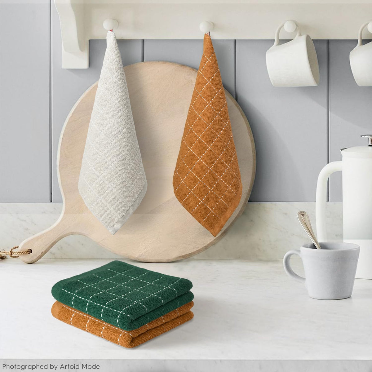 Artoid Mode Checkered Designed Cotton Beige Caramel Green Terry Kitchen Dish Cloths, 12x12 Inch Soft Absorbent Quick Drying Kitchen Rags Set of 6