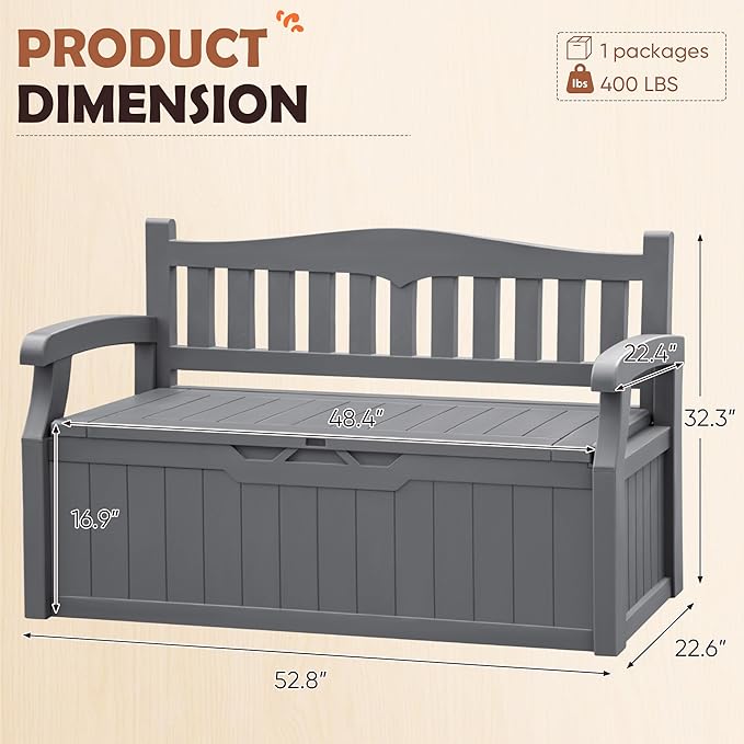 JUMMICO 80 Gallon Resin Outdoor Storage Bench, Large Deck Box with Armrest, Lockable & Waterproof for Garden, Home, Patio, Pools (Grey)