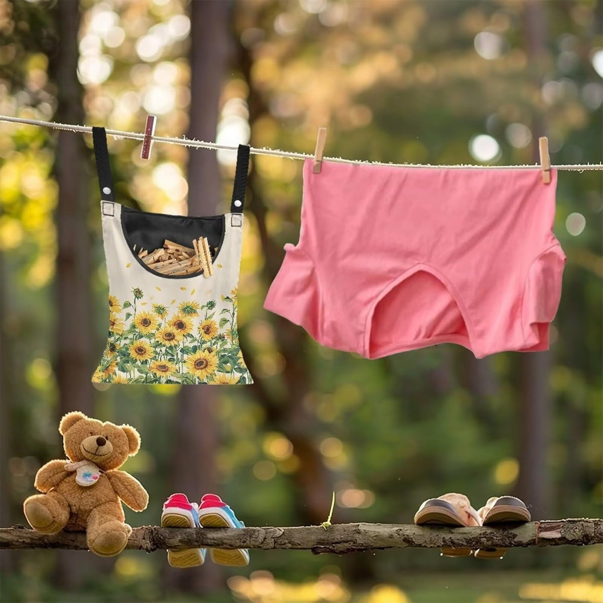 Sunflower Clothespin Bag, Hanging Laundry Bag, Hanging Storage Organizer with Hanging Rope Clothes Lines for Hanging Clothes Outside, for Home Outdoor