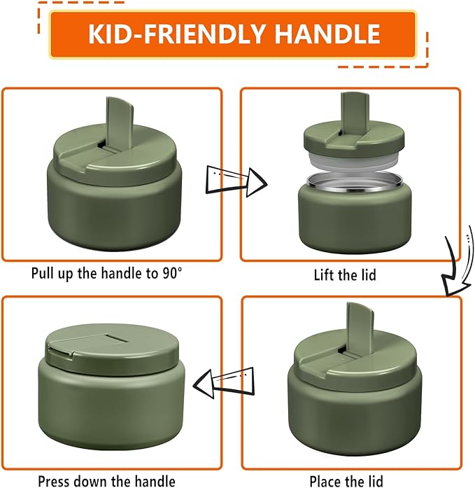 13.5oz Kids Thermos for Hot Food, Insulated Vacuum Food Jar with Buckle Lid, Stainless Steel Wide Mouth Leak Proof Insulated Lunch Container for School Picnic Travel, Green