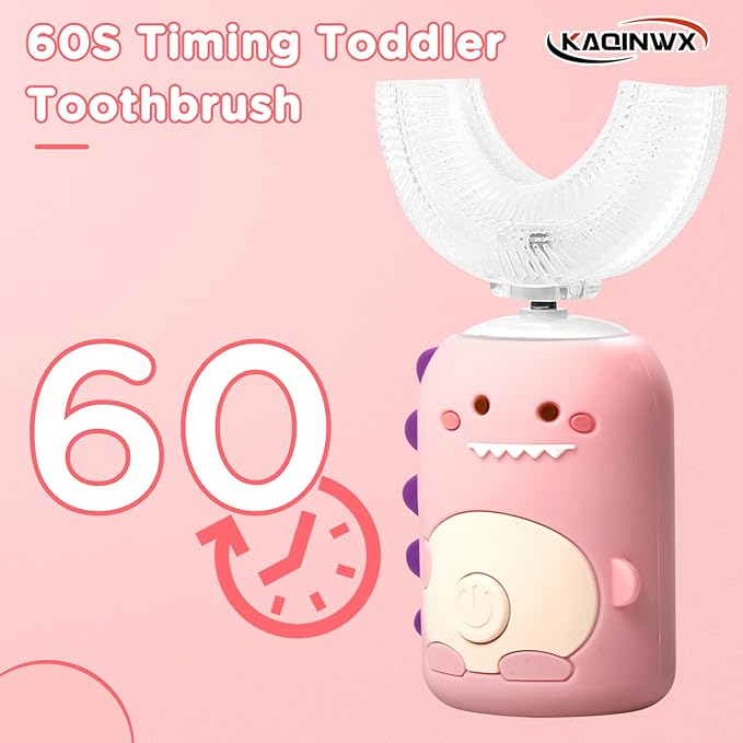 Kids U Shaped Electric Toothbrush for Age 2-12, Rechargeable Toddler Toothbrush with Smart Timer & 3 Clean Modes, Dinosaur Design, IPX7 Waterproof, 3 Brush Heads & 360°Cleaning