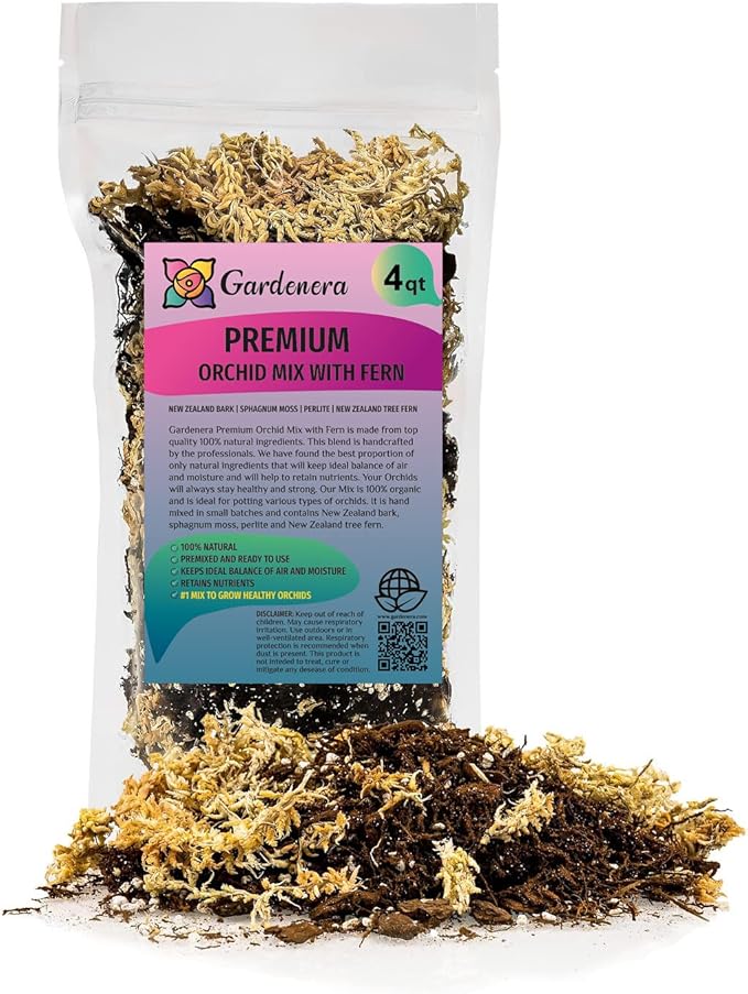 Gardenera Premium Orchid Mix by GARDENERA | Fern + New Zealand Pine Bark + Sphagnum Moss + Perlite | Best for Growing and Repotting Orchids - 4 Quart Bag