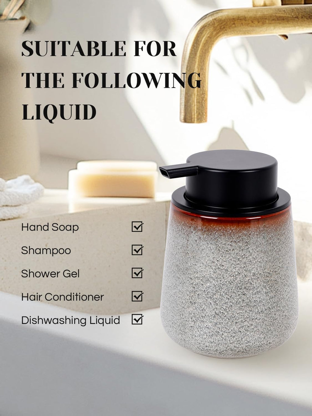 INGOFIN Ceramic Foaming Soap Dispenser -12oz Foam Hand Soap Dispenser Bathroom, Modern Refillable Dish Wash Soap Bottle for Kitchen with Large Pump,Kiln-Glazed
