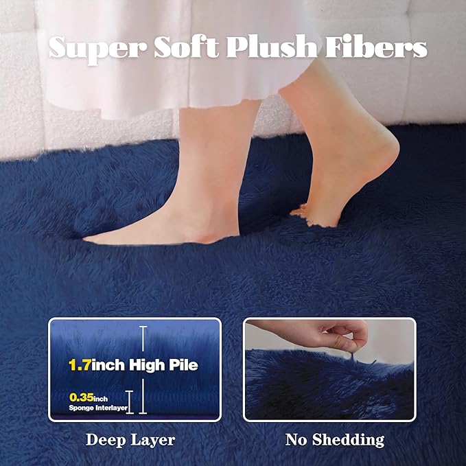 2x6 Runner Rug for Bedroom: Fluffy Shag Soft Washable Rugs Small Fuzzy Plush Indoor Carpet for Hallway Bedside Dorm Kids Girls Boys Room (Navy Blue, 2'x6')
