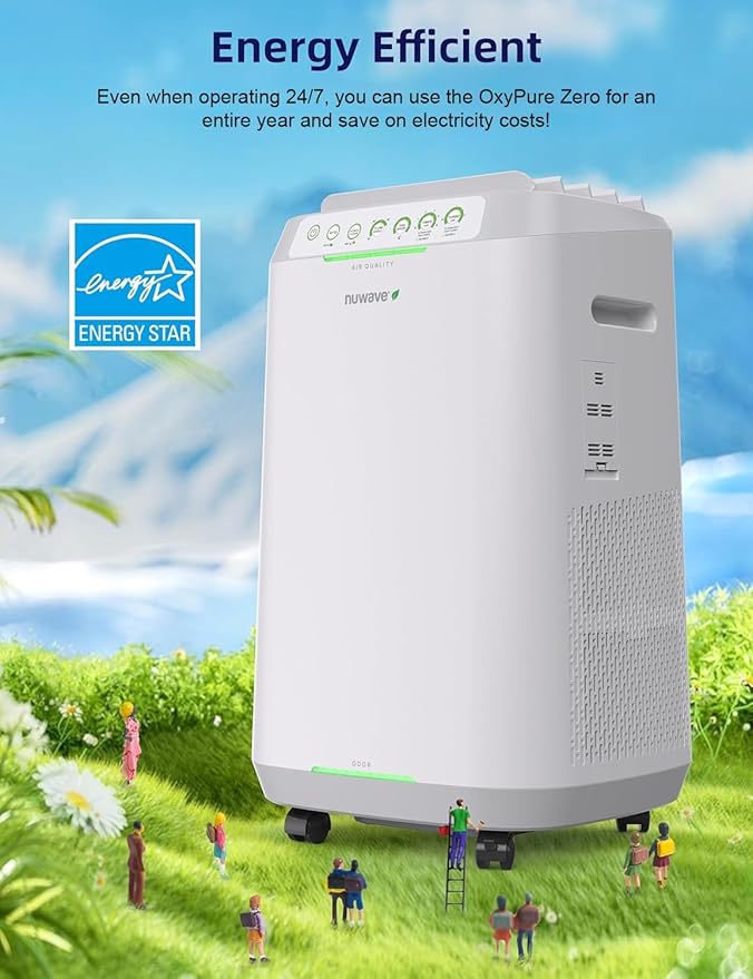 Nuwave OxyPure ZERO Smart Air Purifier, Large Area up to 2,002 Sq Ft, Dual 4-Stage Air Filtration, Adjustable 30°, 60°, 90° Vents, Washable & Reusable Filters for ZERO Waste & Replacements, White