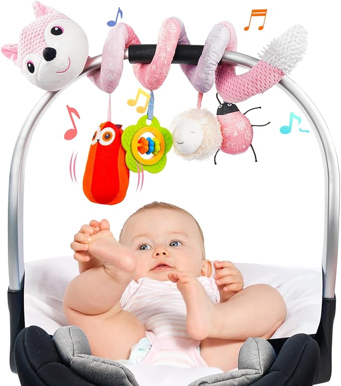 Jollybaby Baby Car Seat Stroller Toys, Plush Activity Hanging Spiral Activity Pram Crib with Music Box, Rattles, Squeaker for Babies Infant Boys Girls(Pink Fox)