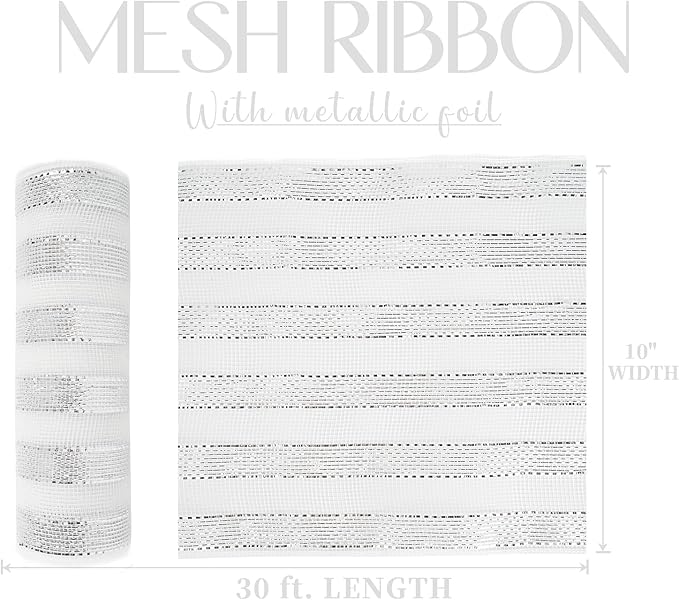MEEDEE Silver Mesh Ribbon 10 Inch Deluxe Wide Foil Metallic Striped Deco Mesh Decorative Mesh Christmas Mesh Ribbon for Wreaths, Christmas Tree, Garland, Gift Wrapping, Bows Making (30 Feet)