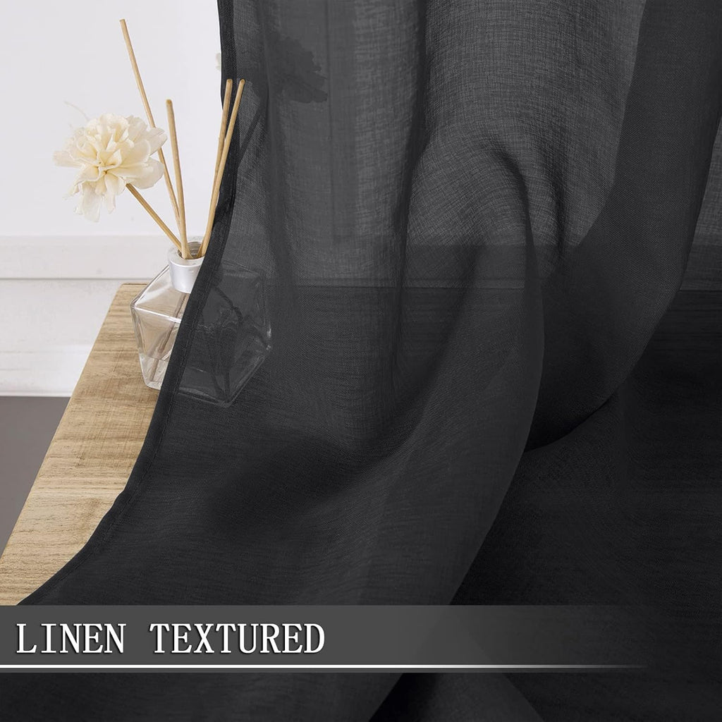 Tollpiz Sheer Curtains Linen Textured Bedroom Curtain Sheers Light Filtering Rod Pocket Voile Curtains for Living Room, 54 x 84 inches Long, Black, Set of 2 Panels