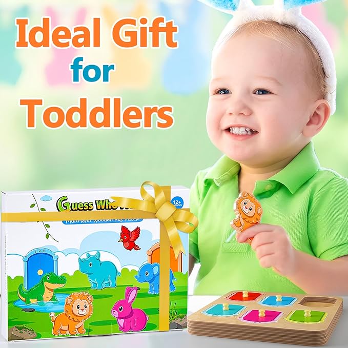 Wooden Animal Peg Puzzle : Baby Puzzles 12-18 Months, Montessori Baby Toys for 1 Year Old, Preschool Learning Activities for Toddlers 1-3, Christmas Birthday Gifts for Boys, Girls