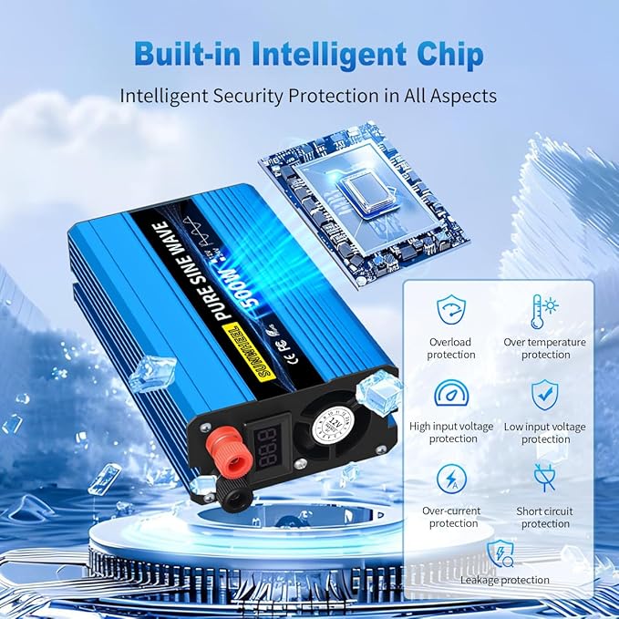 SUNWHEEL 500W Pure Sine Wave Inverter, 12V DC to 110V/120V AC Car Power Inverter with 2 AC outlets and LCD Display
