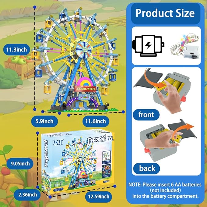 Upgrade Rotating Ferris Wheel Building Blocks Set Toys for Kids with Light Carnival Amusement Park Construction Kits Birthday Halloween for Boys Girls（813pcs）
