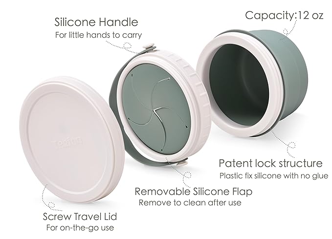 No Spill Silicone Toddler Snack Containers, Detachable Silicone Flap for Filling&Cleaning, Crumb-Free Hard Plastic Screw Travel Lid, Ultra-Soft for Baby Kids Hand In-Out, Snack Cup Holder 12 oz